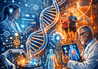 Illustration of advanced DNA sequencing technology using AI in a lab setting, emphasizing personalized genomic healthcare.