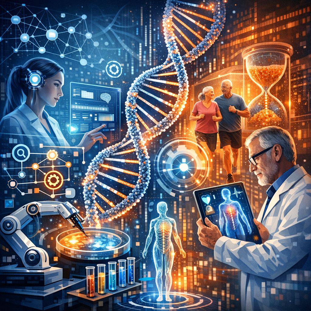 Illustration of advanced DNA sequencing technology using AI in a lab setting, emphasizing personalized genomic healthcare.