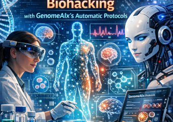 Futuristic lab with AI-driven biohacking technology and GenomeAIx's automatic protocols displayed on screens.