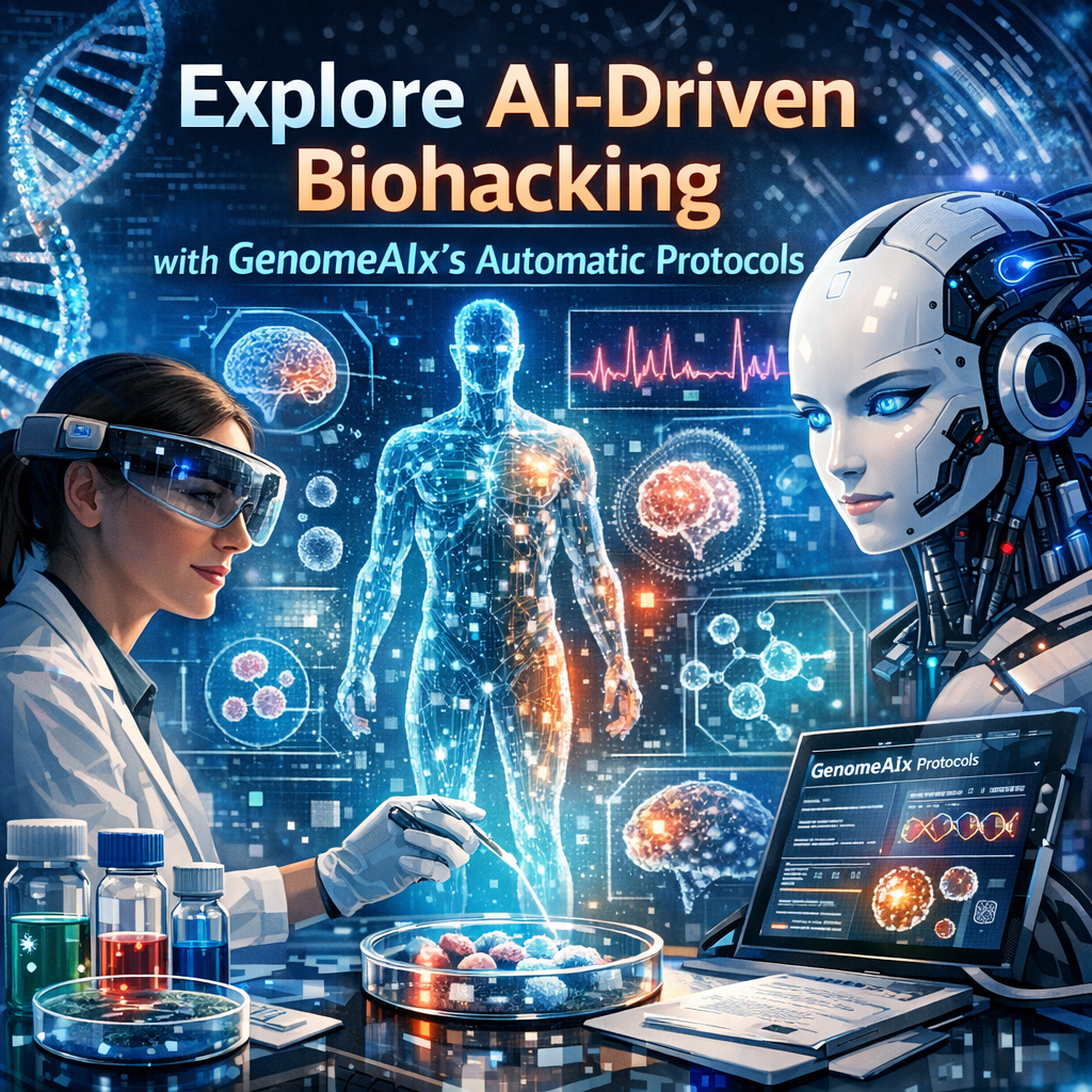 Futuristic lab with AI-driven biohacking technology and GenomeAIx's automatic protocols displayed on screens.