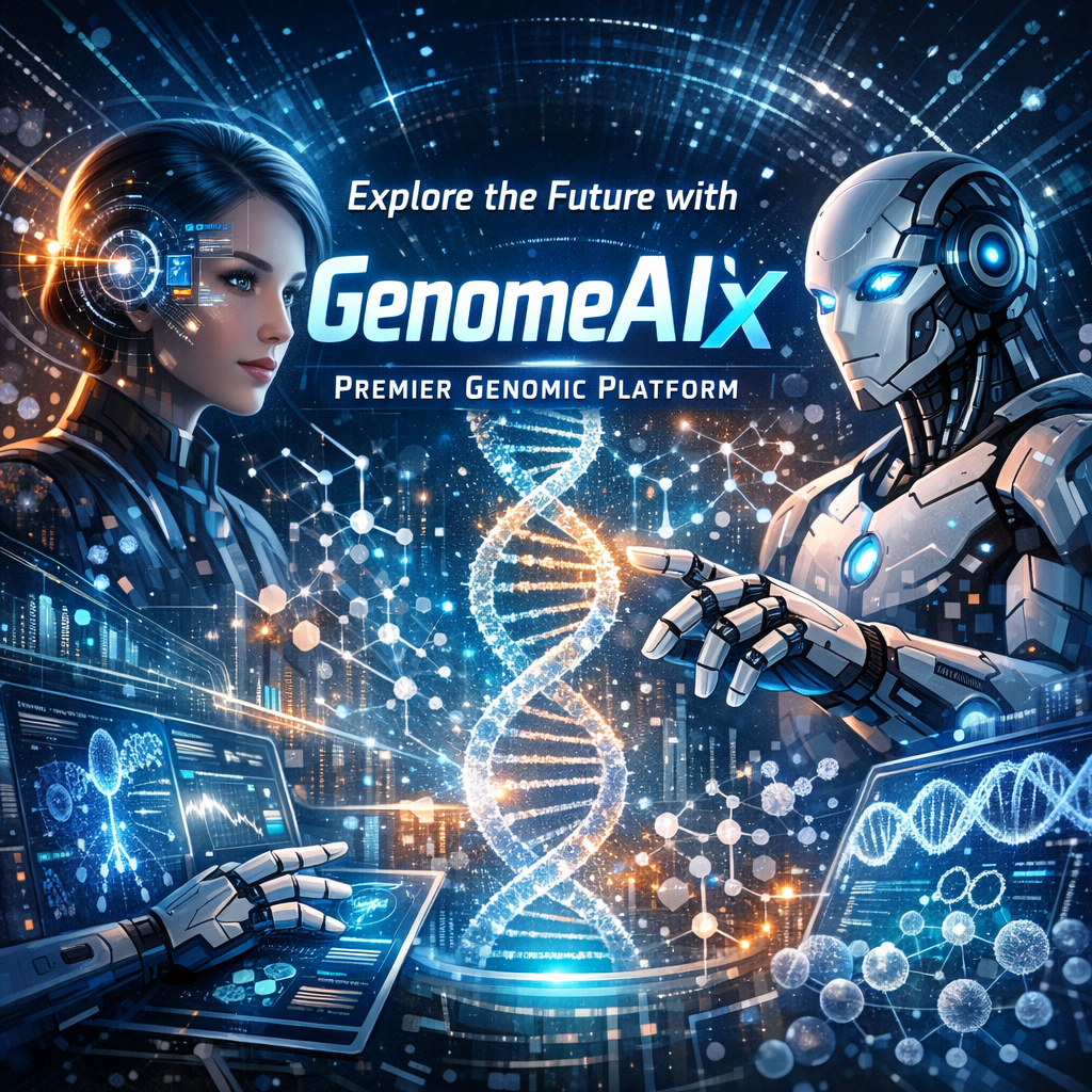 Futuristic interface of GenomeAIx platform displaying advanced DNA analysis for personalized medicine.