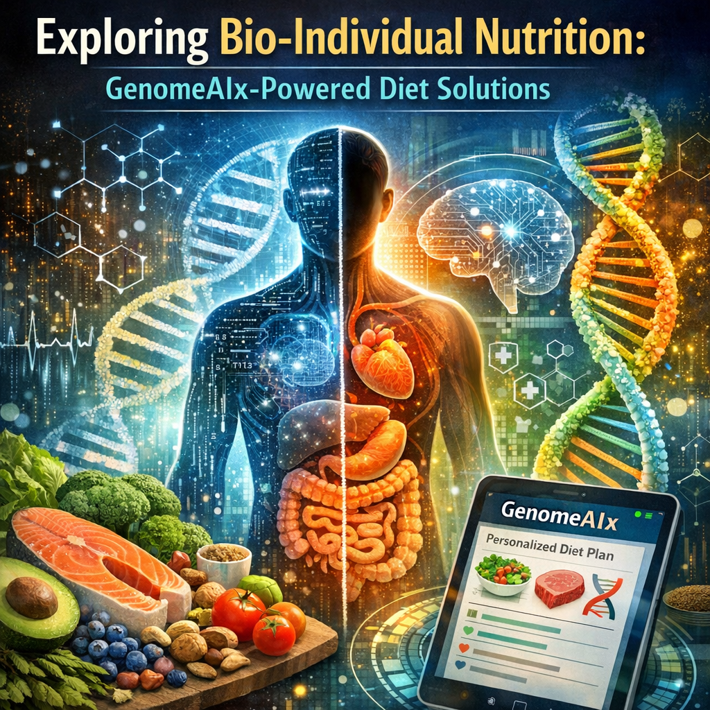 Illustration of a DNA strand transitioning into various healthy foods, symbolizing personalized nutrition guided by genetics.