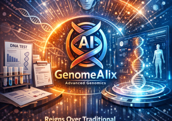 Illustration of an advanced genomics platform labeled "GenomeAIx" surrounded by digital DNA strands and health icons.