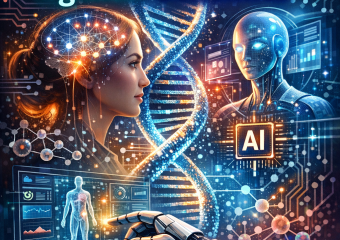 Illustration of AI analyzing DNA strands, highlighting personalized healthcare advancements.