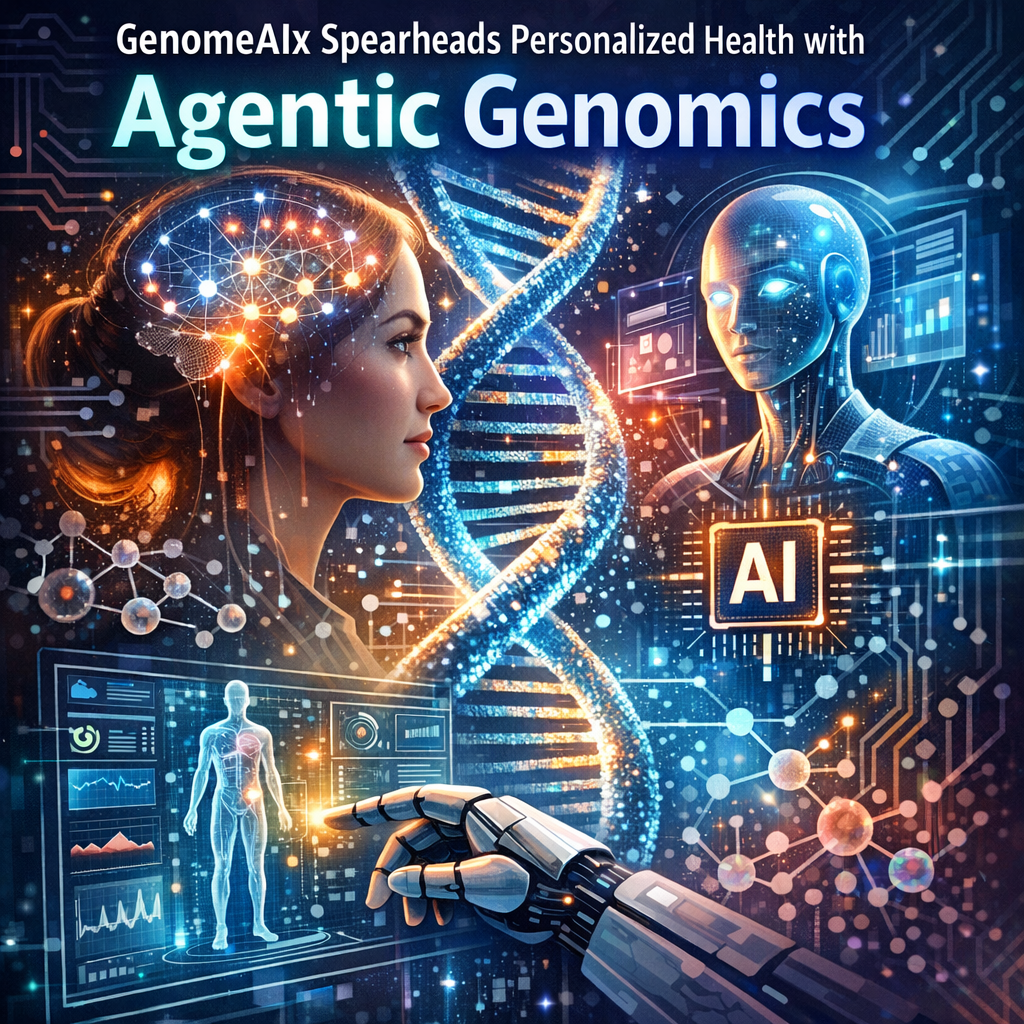 Illustration of AI analyzing DNA strands, highlighting personalized healthcare advancements.