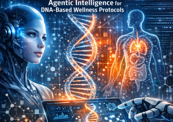 DNA helix being analyzed by digital intelligence, symbols representing AI and health around it.