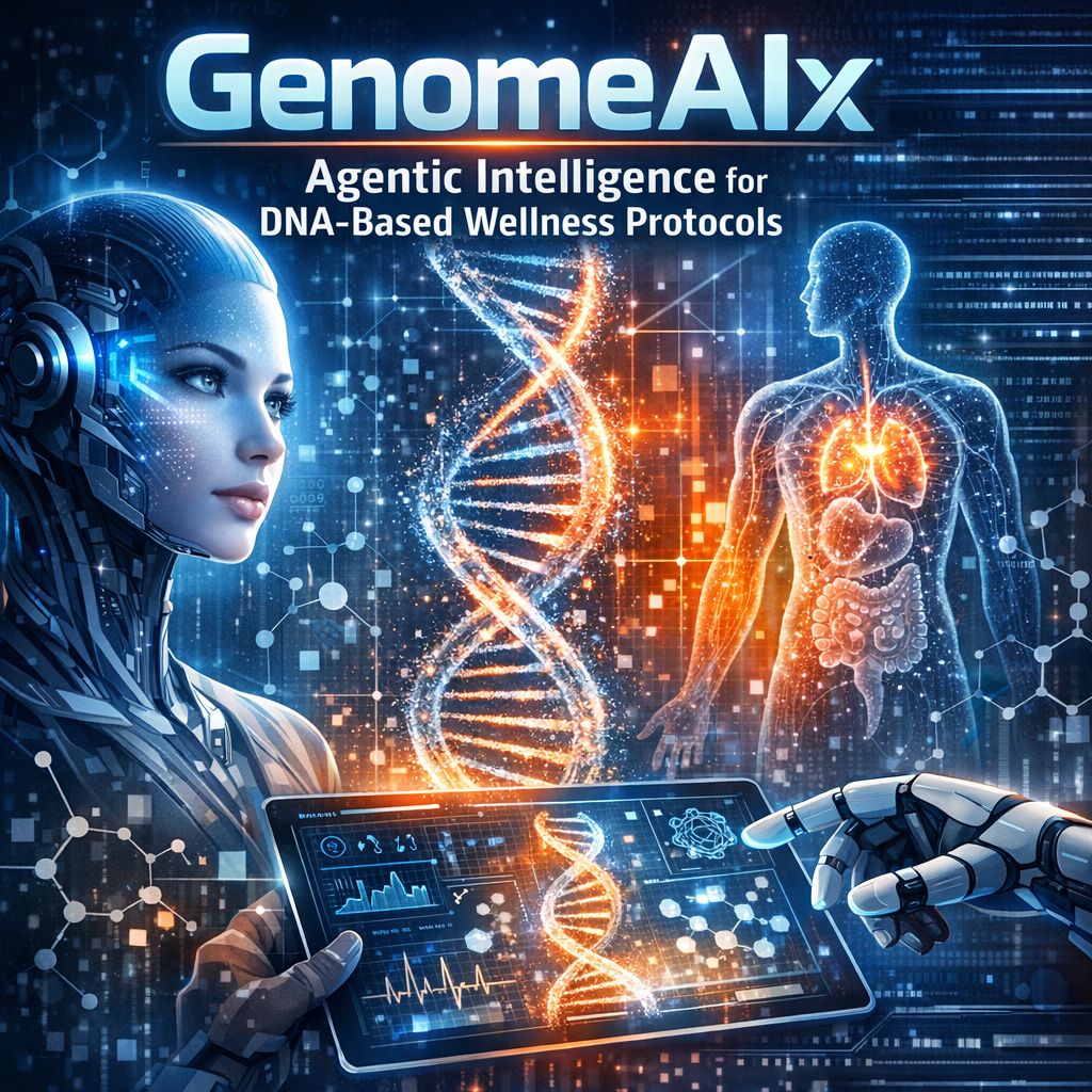 DNA helix being analyzed by digital intelligence, symbols representing AI and health around it.