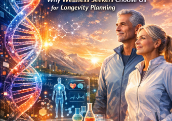 A person consulting a digital screen displaying genetic data for precision longevity planning.