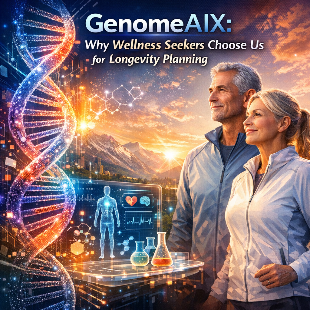 A person consulting a digital screen displaying genetic data for precision longevity planning.