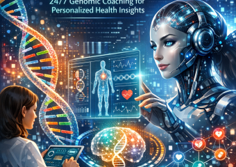 A digital interface of GenomeAIx's AI Engine analyzing DNA sequences for genomic coaching.