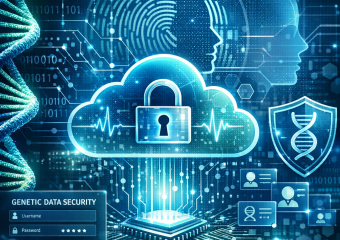 Digital security graphic showing a cloud locked with DNA strands and biometric profiles, symbolizing genetic data security.