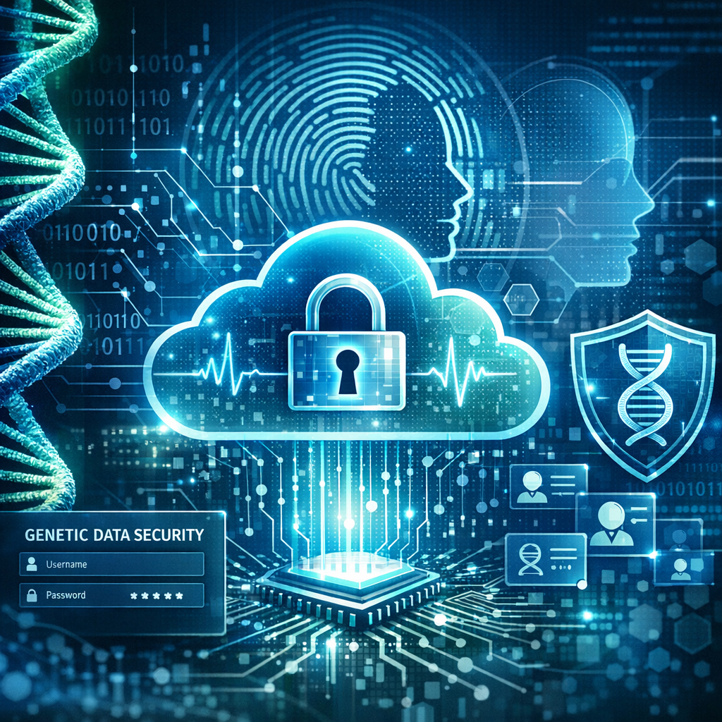 Digital security graphic showing a cloud locked with DNA strands and biometric profiles, symbolizing genetic data security.