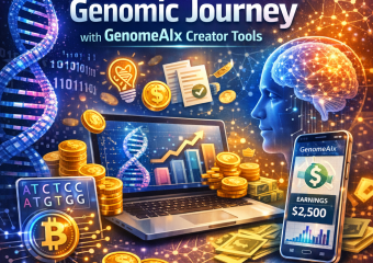 Illustration of a DNA strand transforming into coins, symbolizing genomic data monetization with GenomeAIx tools.