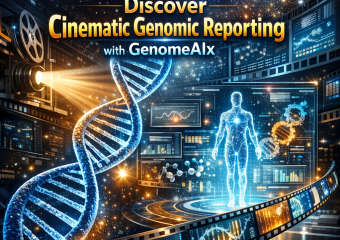 A visually captivating infographic detailing the process of Cinematic Genomic Reporting by GenomeAIx.