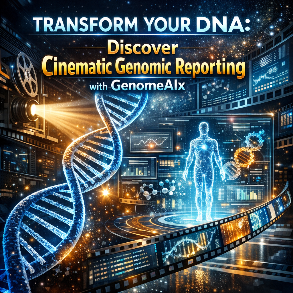 A visually captivating infographic detailing the process of Cinematic Genomic Reporting by GenomeAIx.